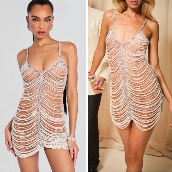 Retrofete Hollis Pearl Crystal Embellished Draped Sheer Mini Dress Size Small - Picture 2 of 11